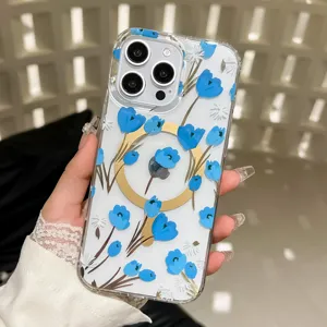 Clear phone case detail view showing blue floral pattern and gold magnetic ring design.