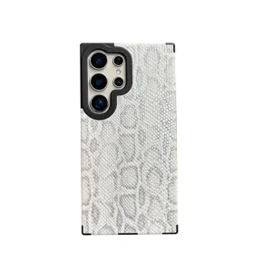 White snakeskin texture phone case with black corner protection for Samsung Galaxy Ultra.