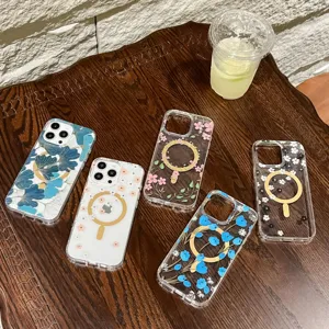 Detailed close-up of transparent magnetic floral phone cases showcasing vibrant IMD patterns.