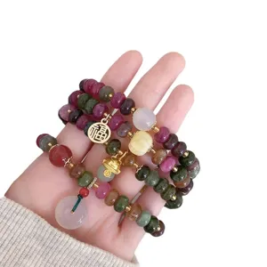 Colorful Tourmaline Wheel Bead Bracelet Multi-layer Jade Gemstone Lucky Cat Jewelry Main