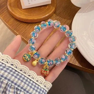 Charming glass rose beaded bracelet with cute gold charms sweet princess style cute jewelry