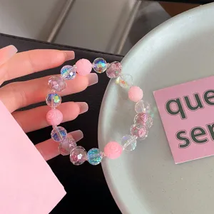 Detailed view of sweet fairy pink glass rose bead bracelet, sparkling crystal fashion jewelry for girls.