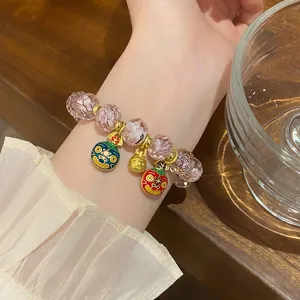 Sweet pink glass rose bead bracelet with cute golden beast charms, fairy style women jewelry.