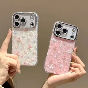 Shell Texture Tulip Floral Phone Case Silicone Anti-Drop Protective Cover For Apple iPhone With Rhinestone Camera Frame