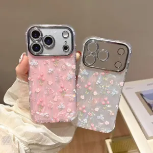 Detailed close-up of shell texture tulip floral iPhone case with lens protection frame.