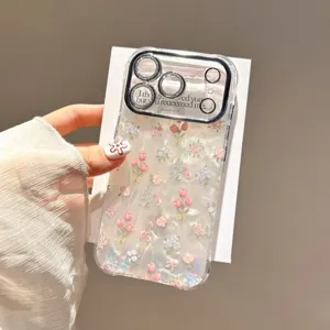 Transparent shell texture tulip phone case for iPhone, stylish floral protective cover.
