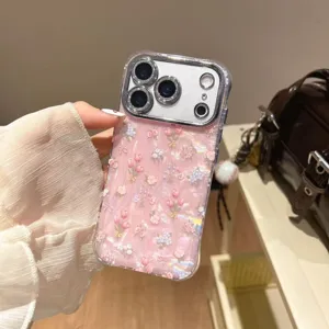 Floral tulip shell texture iPhone case detail view, pink protective phone cover for women.