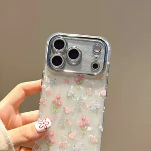 Pearlescent shell texture tulip floral phone case detail closeup with bling camera lens protector.