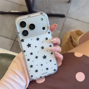 Transparent phone case featuring minimalist black star and polka dot pattern for iPhone protection.
