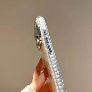 Clear glitter tulip phone case detail view, precise button cutouts, premium transparent cover.