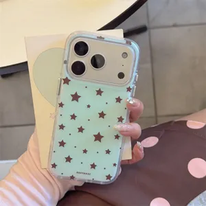 Detailed close-up shot of the mint green phone case featuring cute brown stars pattern.
