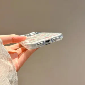 Detailed view of the clear floral phone case showing precise cutouts and model text.