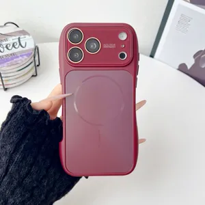 Red magnetic phone case detail view, wireless charging compatible waist curve design.