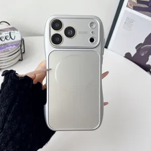 Silver magnetic shockproof phone case compatible with iPhone, sleek design with camera guard.