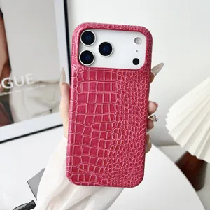 Funda de teléfono rosa de lujo con textura de cocodrilo para iPhone, protección elegante.