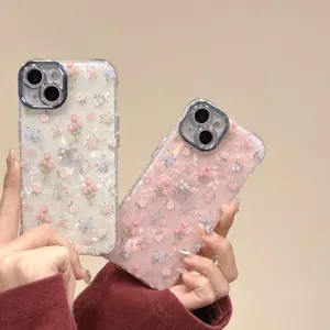 Exquisite shell texture tulip floral phone case detail, featuring sparkling diamond camera ring.