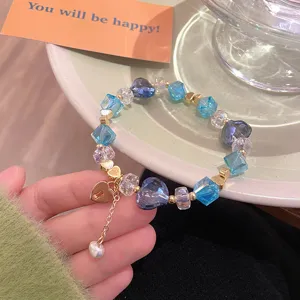 Charmant bracelet de perles en cristal bleu avec pendentif cadenas et perle pour femmes chic