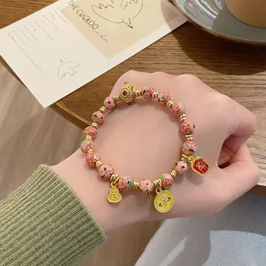 Bracelet de perles cloisonné de style chinois avec charms, bijoux rétro pour femmes
