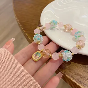 Bracelet de perles en cristal rose et fleurs en verre avec pendentif doré pour femmes charmant