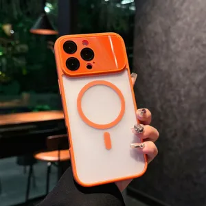 Detailed view of orange magnetic anti-drop phone case with frosted translucent back.