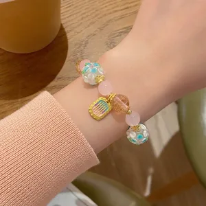 Bracelet de perles de fleurs en verre avec quartz rose et charme doré pour femmes tous les jours