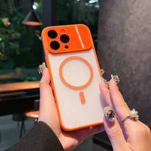 Detailed view of the orange magnetic phone case with camera slider and MagSafe ring.