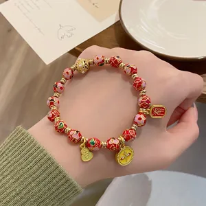 Bracelet de perles cloisonné rétro de style chinois avec pendentifs en métal chic
