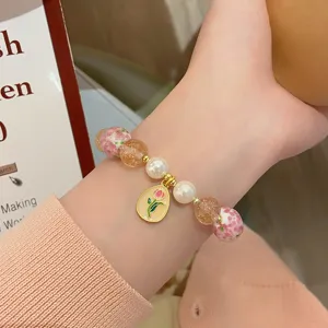 Bracelet de perles avec pendentif tulipe mignon pour femmes, bijoux de chaîne de poignet élégants.