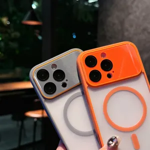 Close-up detail of magnetic phone case with large camera window and translucent frosted back.