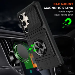 Rugged phone case with sliding camera cover, ring holder, and card slot for car mount.