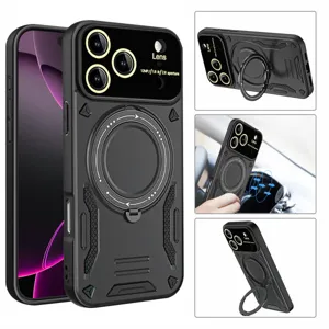 Schutzhülle magnetisch mit Ringständer und Linsenschutz für iPhone Modelle in Schwarz robust