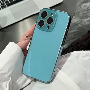 Glossy electroplated glass phone case detail shot, cyan blue protective back cover.