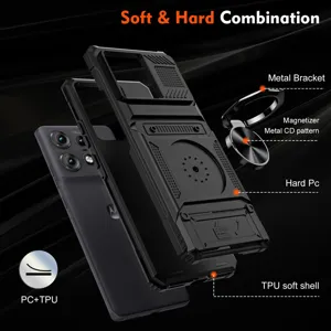 Vista detallada de la funda protectora con soporte de metal y ranura para tarjetas.