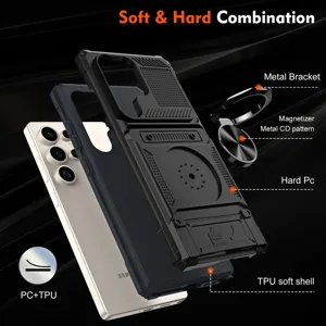 Rugged mecha phone case detail view showing TPU soft shell, hard PC, and metal ring bracket.