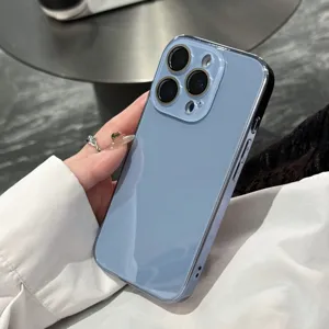 Glossy electroplated glass phone case detail, smooth surface, slim protective cover design.