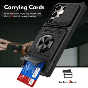 Detailed view of rugged armor phone case with card slot, sliding camera cover and ring holder.