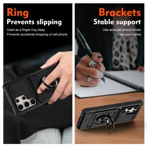 Multifunctional rugged phone case with ring holder and kickstand for Samsung Ultra models.