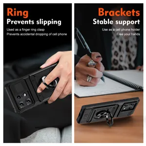 Vista detallada de la funda protectora resistente con anilla de sujeción y soporte estable.