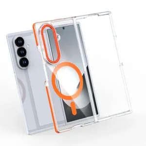 Transparente magnetische Schutzhülle im Detail mit zweifarbigem Rahmen und präzisen Ausschnitten.