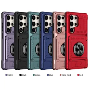 Armor phone case with card slot and ring holder for Samsung Galaxy in multiple colors