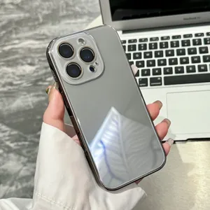 Glossy electroplated glass phone case for iPhone, full coverage drop-proof hard back cover.