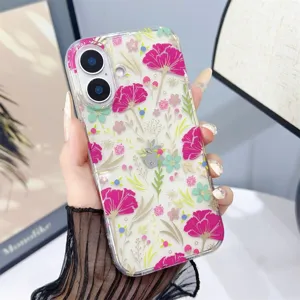 Vista dettagliata della custodia trasparente per telefono con fiori rosa per protezione.