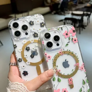 Detailed close-up of transparent magnetic floral phone cases featuring clear floral patterns.