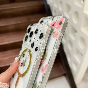 Clear MagSafe phone case with cute floral pattern, transparent design and strong magnetic ring.
