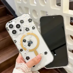 Transparent MagSafe Phone Case with Cute Black White Daisy Flowers and Gold Magnetic Ring Design.