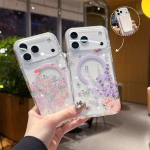 Clear floral magnetic phone case detail showing exquisite cherry blossom and lavender patterns.