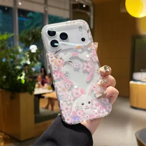 Transparent cherry blossom magnetic phone case with cute rabbit design for iPhone 16 series detail