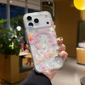 Clear magnetic phone case compatible with iPhone, featuring cute swan and pink sakura design.