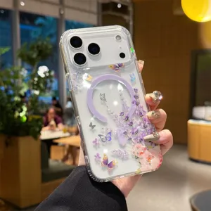 Clear Magnetic Phone Case with Lavender Floral Butterfly Rhinestone Design for iPhone