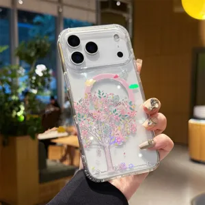 Transparent magnetic phone case featuring delicate pink cherry blossom tree design detail.
